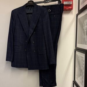 Men's Double-Breasted Windowpane Suit Jacket & Trousers - Navy